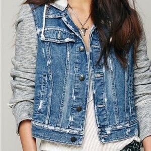 Free People Blue Denim Jacket with Gray Sleeves